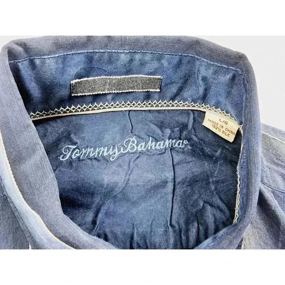 Tommy Bahama Size Large Men Blue Vanilla Trim Blue Stripe Button Down Silk Shirt - Picture 5 of 10
